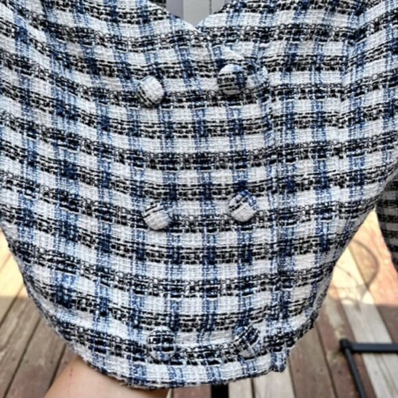 ZARA Women's Textured Off Shoulder Cropped Top Jacket Blue White Plaid Sz Large - Picture 6 of 12